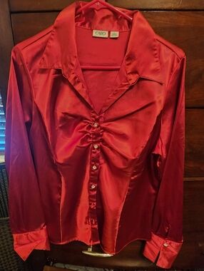 Cato Red Satin Ruched Button-Up Blouse